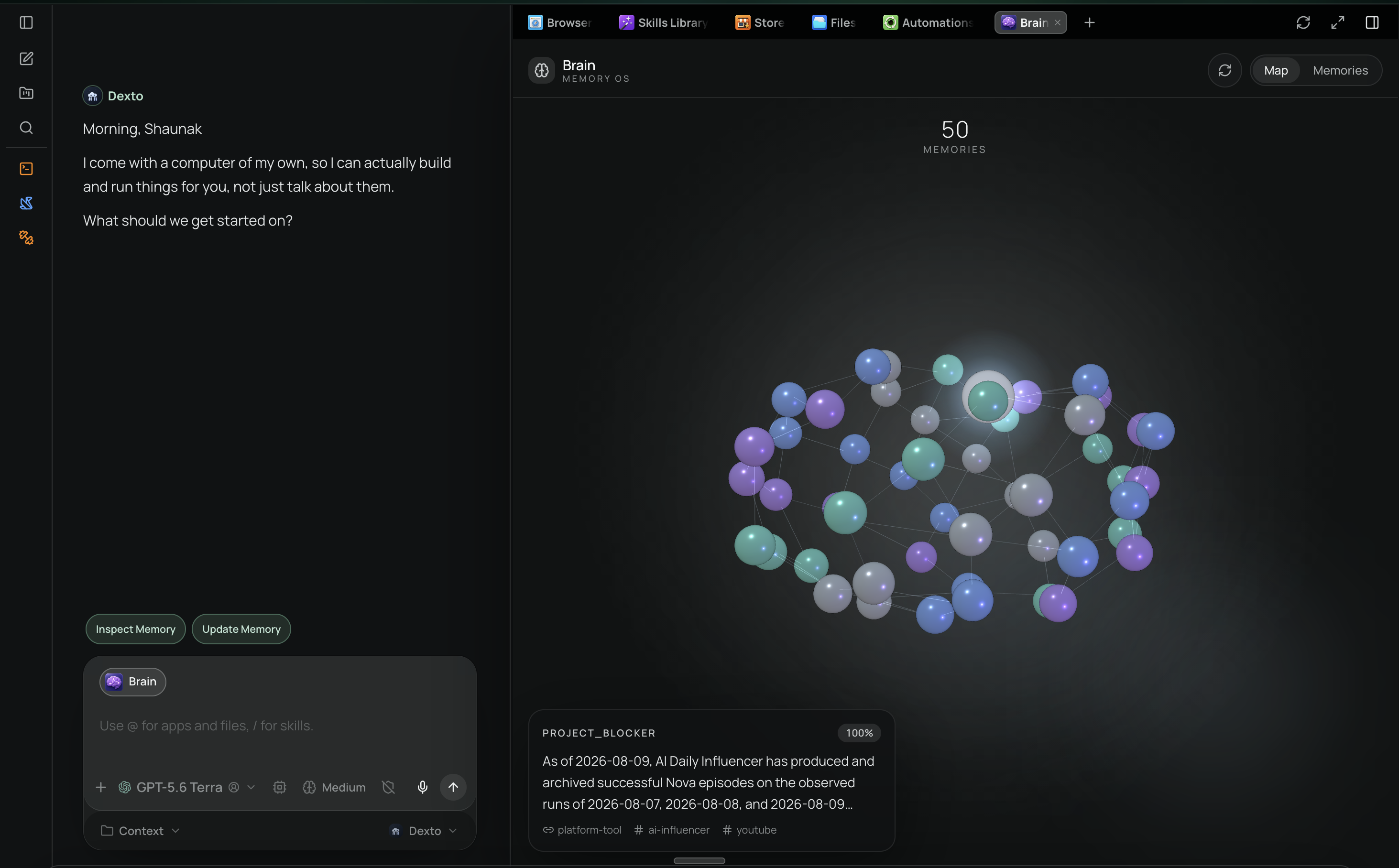 Dexto Brain showing durable memories alongside an ongoing conversation.