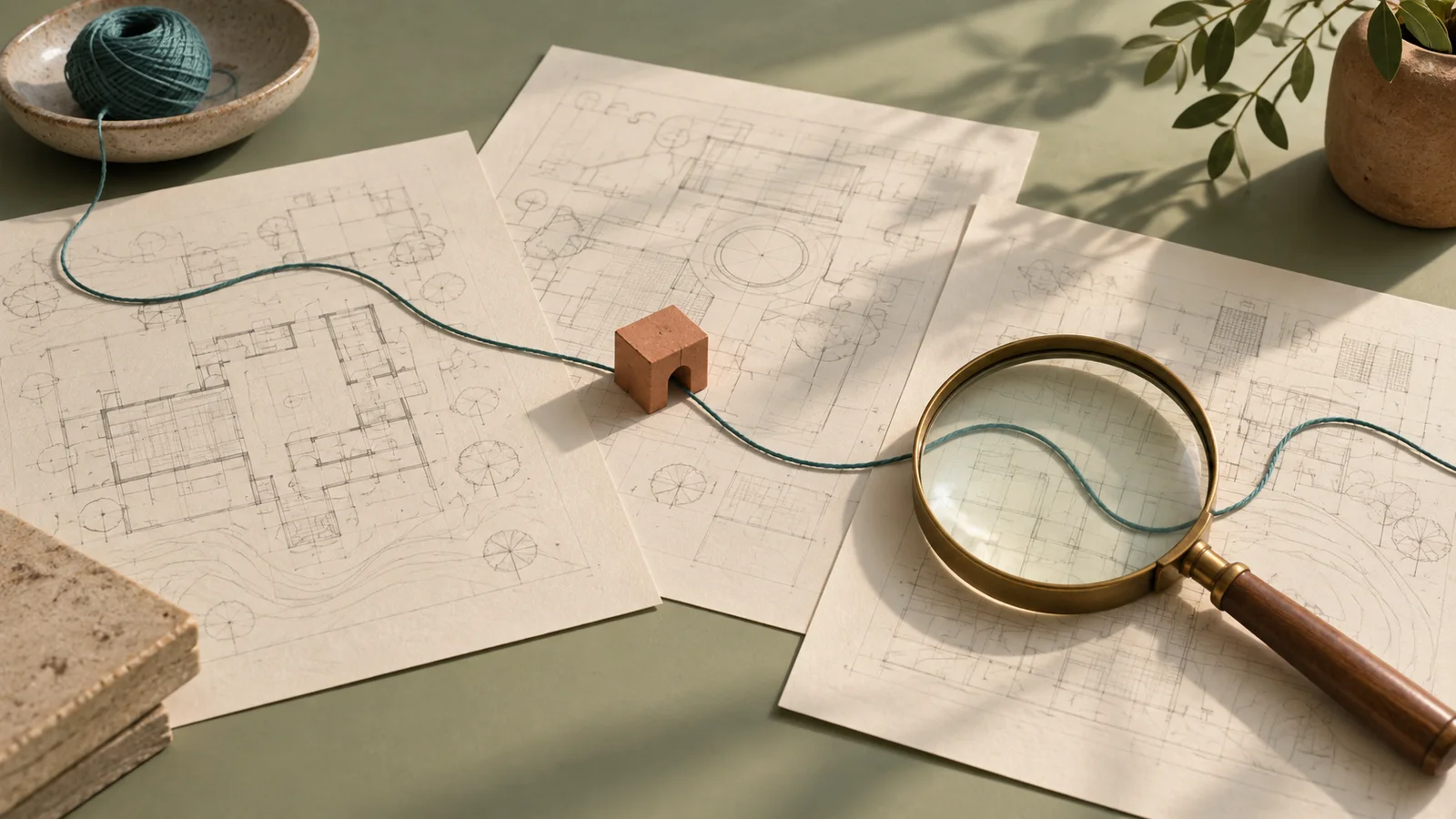 A brass magnifying glass follows a teal thread across architectural drawings on a sage tabletop.