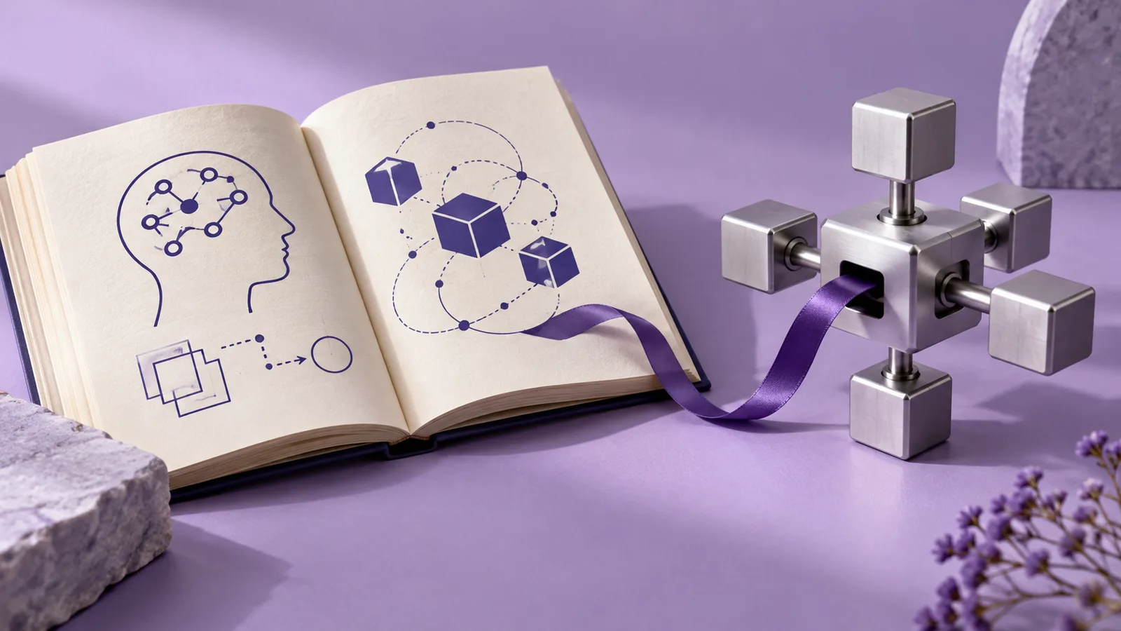 An ivory instruction booklet connects by a violet ribbon to a silver modular assembly on a lavender surface.