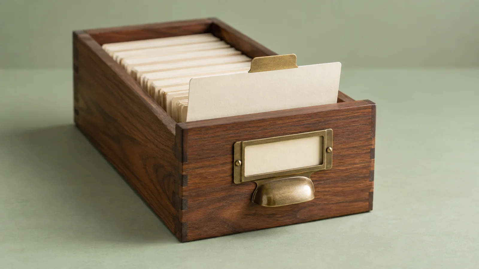 A walnut card-catalog drawer stands open on a pale sage surface, with ivory index cards and one brass-tabbed card pulled forward.