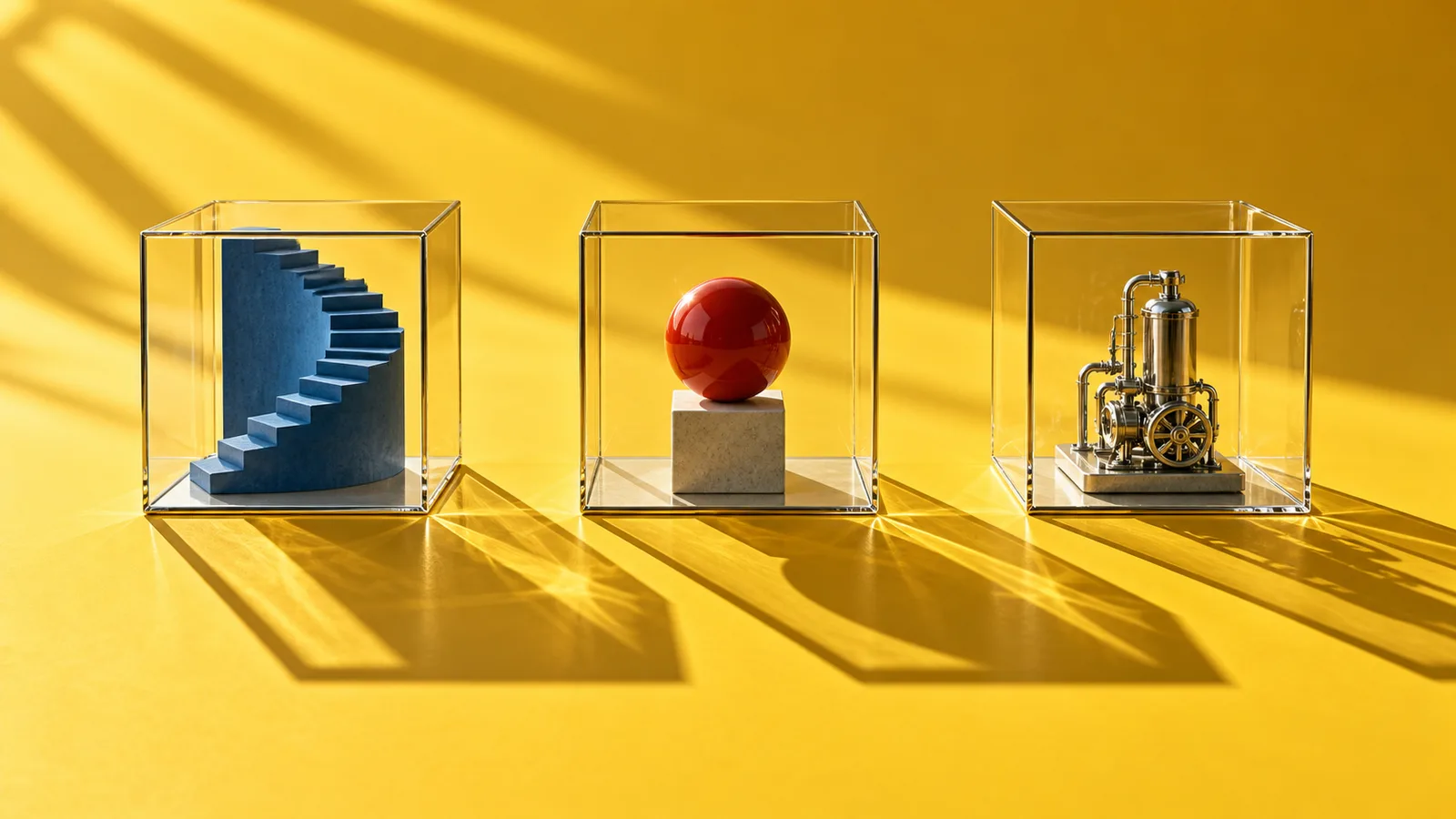 Three glass cubes contain a blue staircase, a red sphere, and a silver machine on a golden yellow surface.