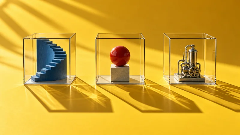 Three glass cubes contain a blue staircase, a red sphere, and a silver machine on a golden yellow surface.