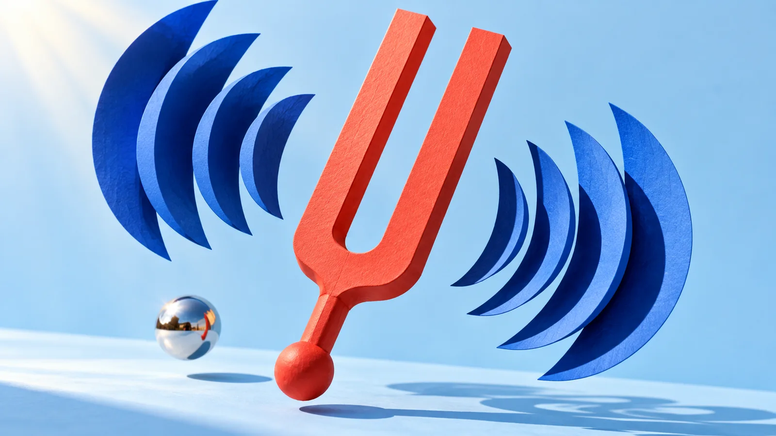 A coral tuning fork floats between cobalt sound waves on a pale blue background.