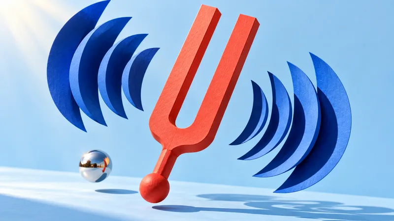 A coral tuning fork floats between cobalt sound waves on a pale blue background.