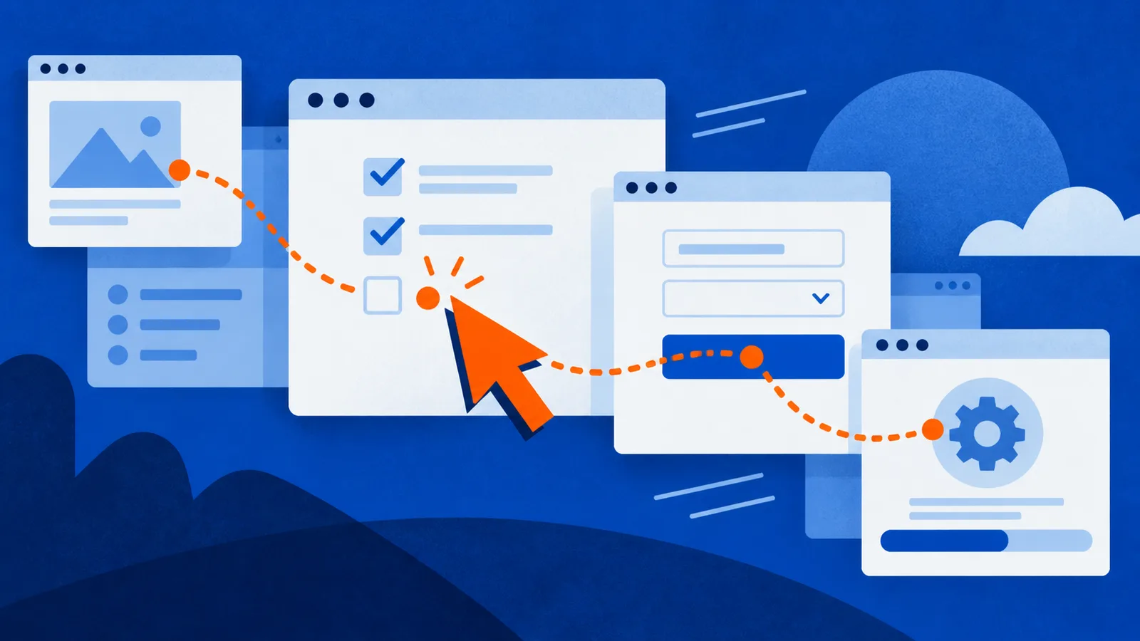 An orange cursor follows a dotted path through overlapping blue browser windows.