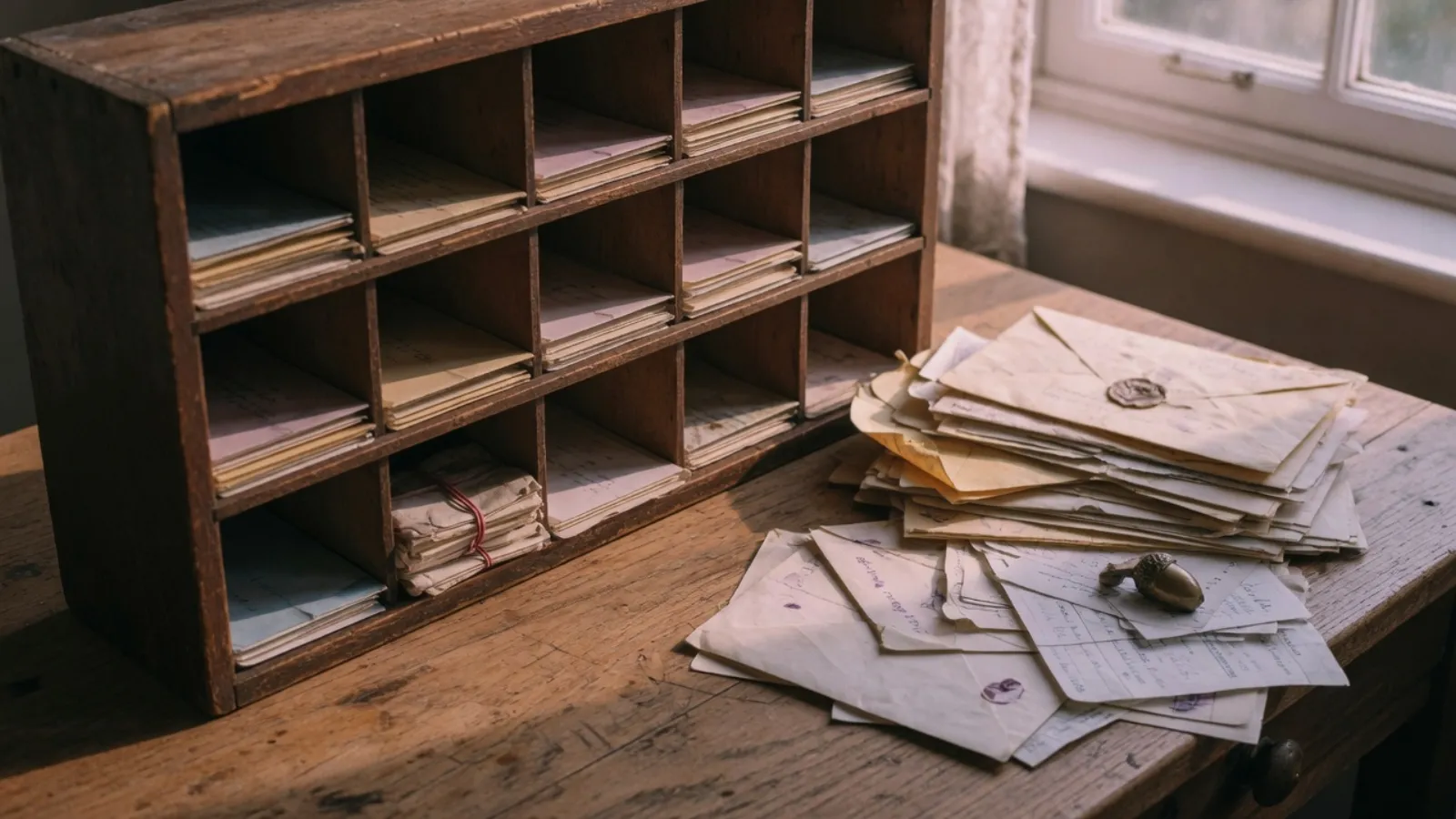 A wooden pigeonhole sorter filled with neatly folded papers beside a loose pile of old letters and receipts on a sunlit oak desk.