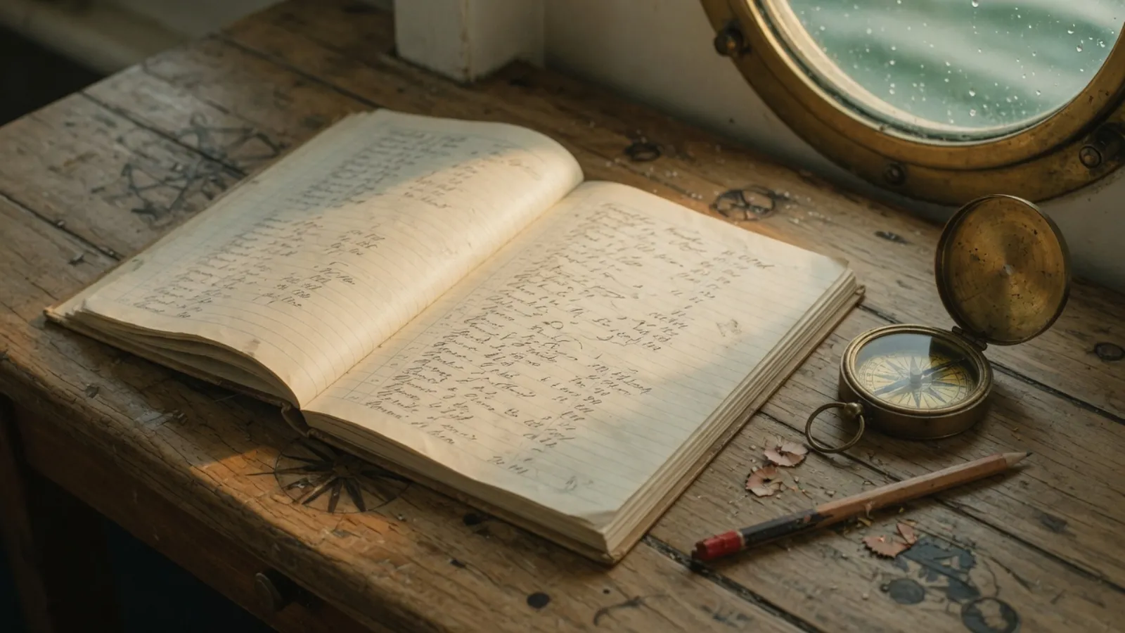 An open ship's logbook with a brass compass and a pencil on a weathered chart table in warm afternoon light.