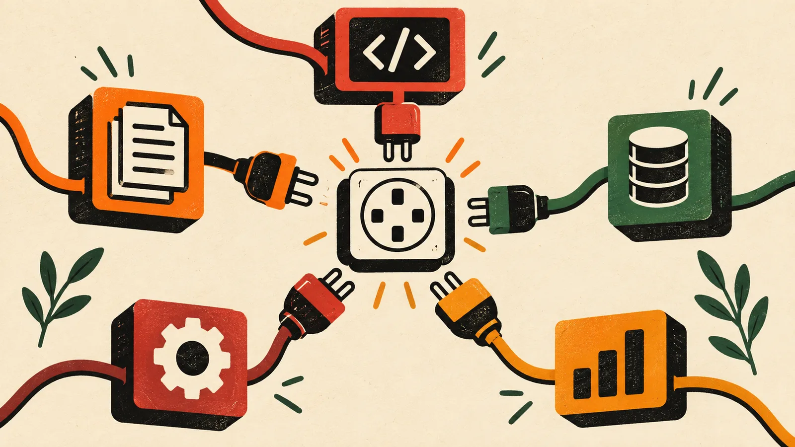 Illustrated plugs connecting code, documents, data, and other tools to a central socket.