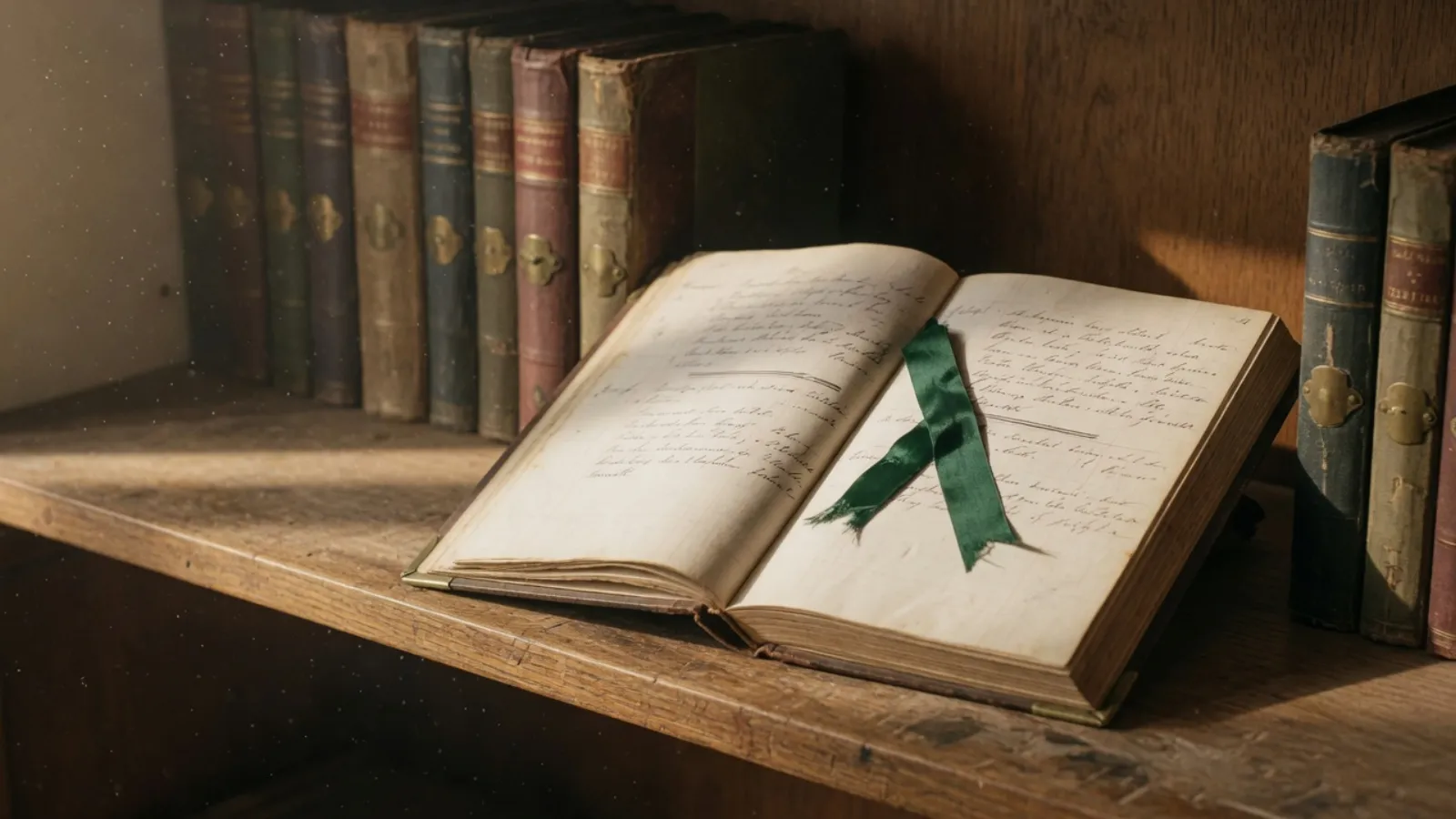A row of brass-bound ledgers on an oak shelf in late-afternoon sun, one open with a pressed ribbon marking the latest page.