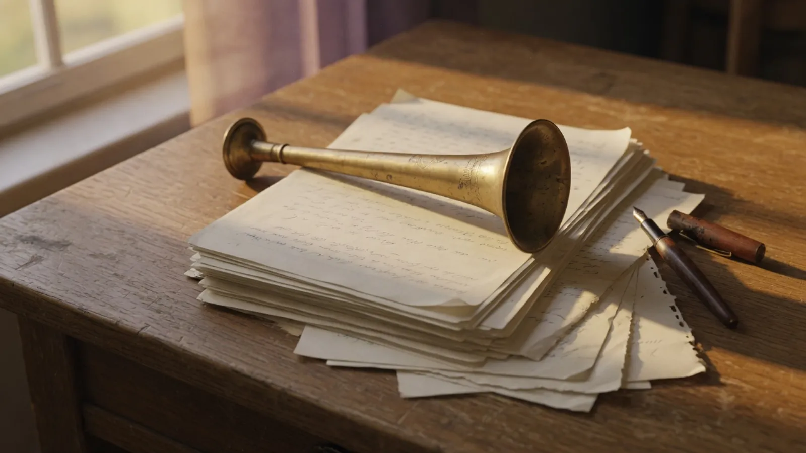 A brass ear trumpet resting on a stack of handwritten notebook pages on a worn oak desk, lit by low afternoon sun.