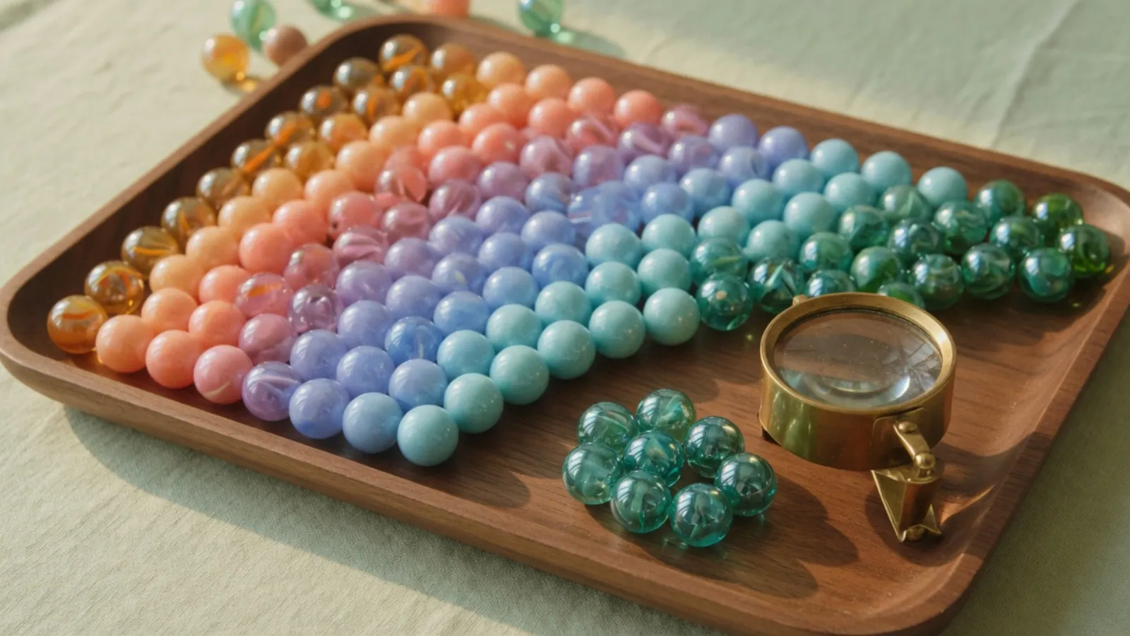 A walnut tray of glass marbles sorted into a gradient of colours, with a small cluster of matching teal marbles beside a brass loupe on a pale sage surface.
