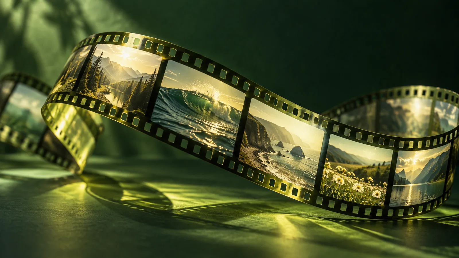A ribbon of photographic film shows sunlit landscapes and ocean waves against a deep green background.