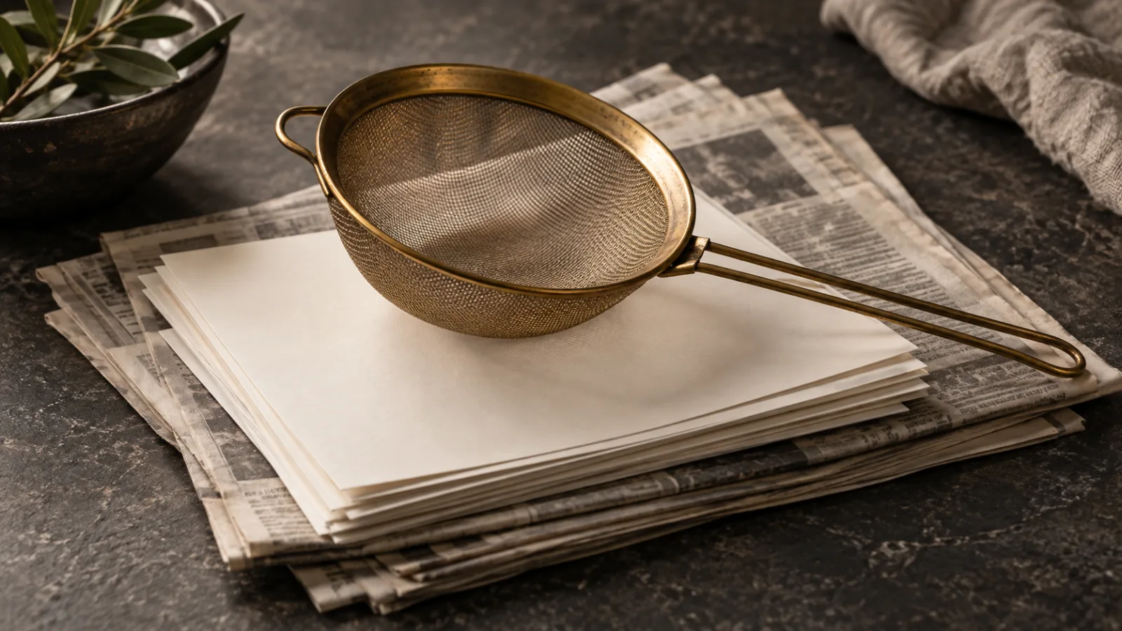 A brass kitchen sieve resting on clean sheets of paper stacked over old newspapers on a dark stone surface.