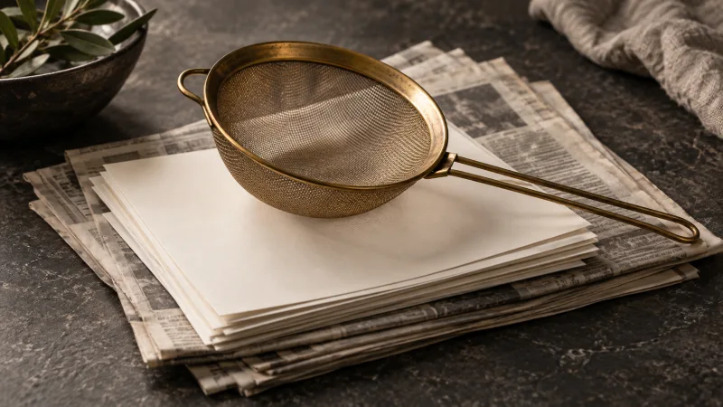A brass kitchen sieve resting on clean sheets of paper stacked over old newspapers on a dark stone surface.