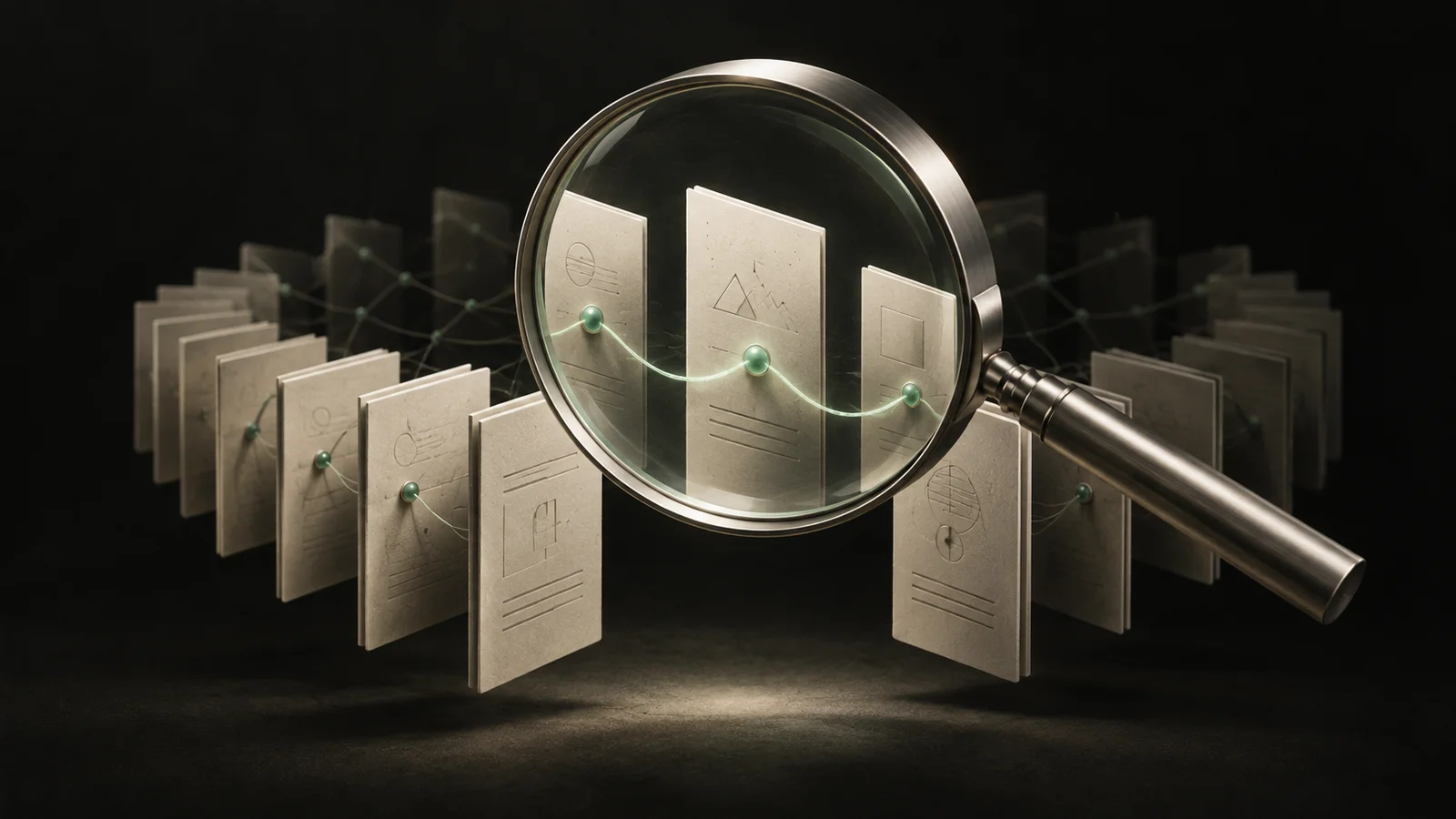 A magnifying lens revealing connected sources among a collection of documents.