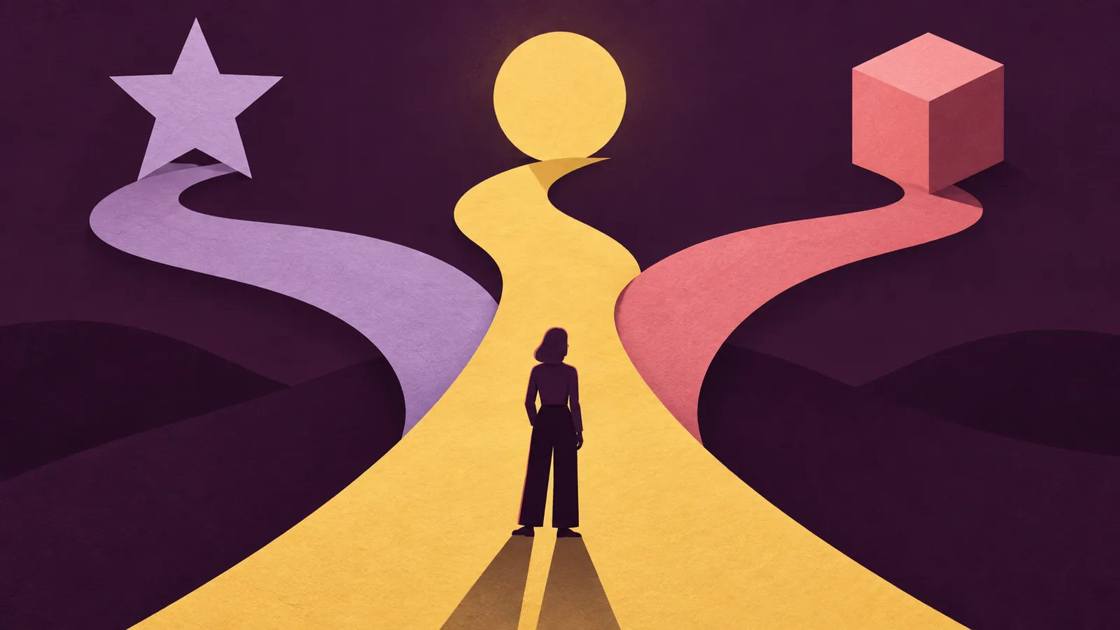 Three colorful paths lead toward a star, a circle, and a cube against a plum background.