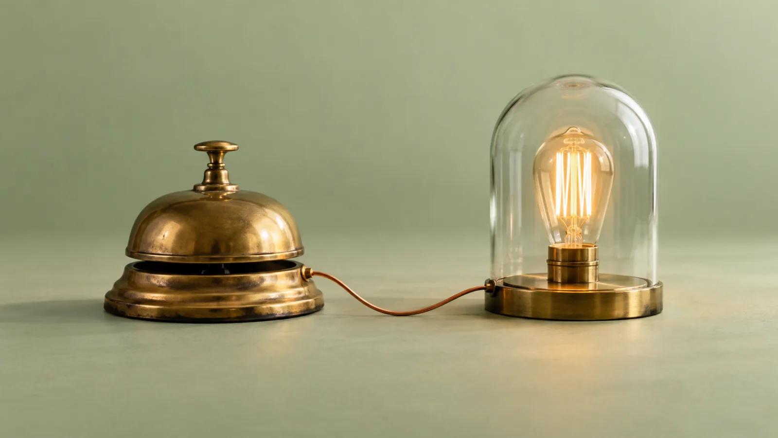 A brass desk bell and a small glass cloche holding a lit filament bulb stand side by side on a pale green surface, joined by a thin copper wire.