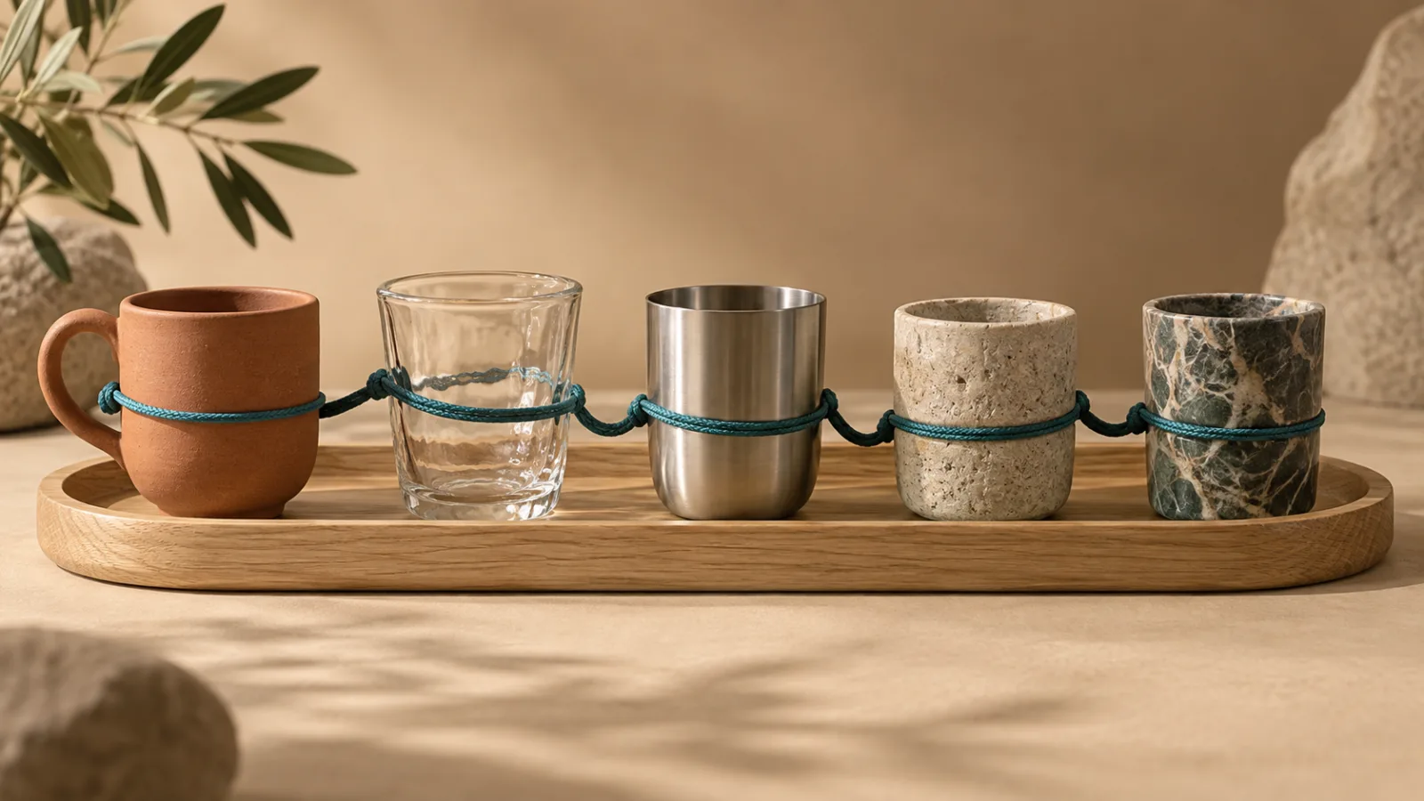 A terracotta ceramic cup and a row of mixed glass, steel, and stone cups share one pale oak tray, joined by a single teal cord on a warm sand surface.