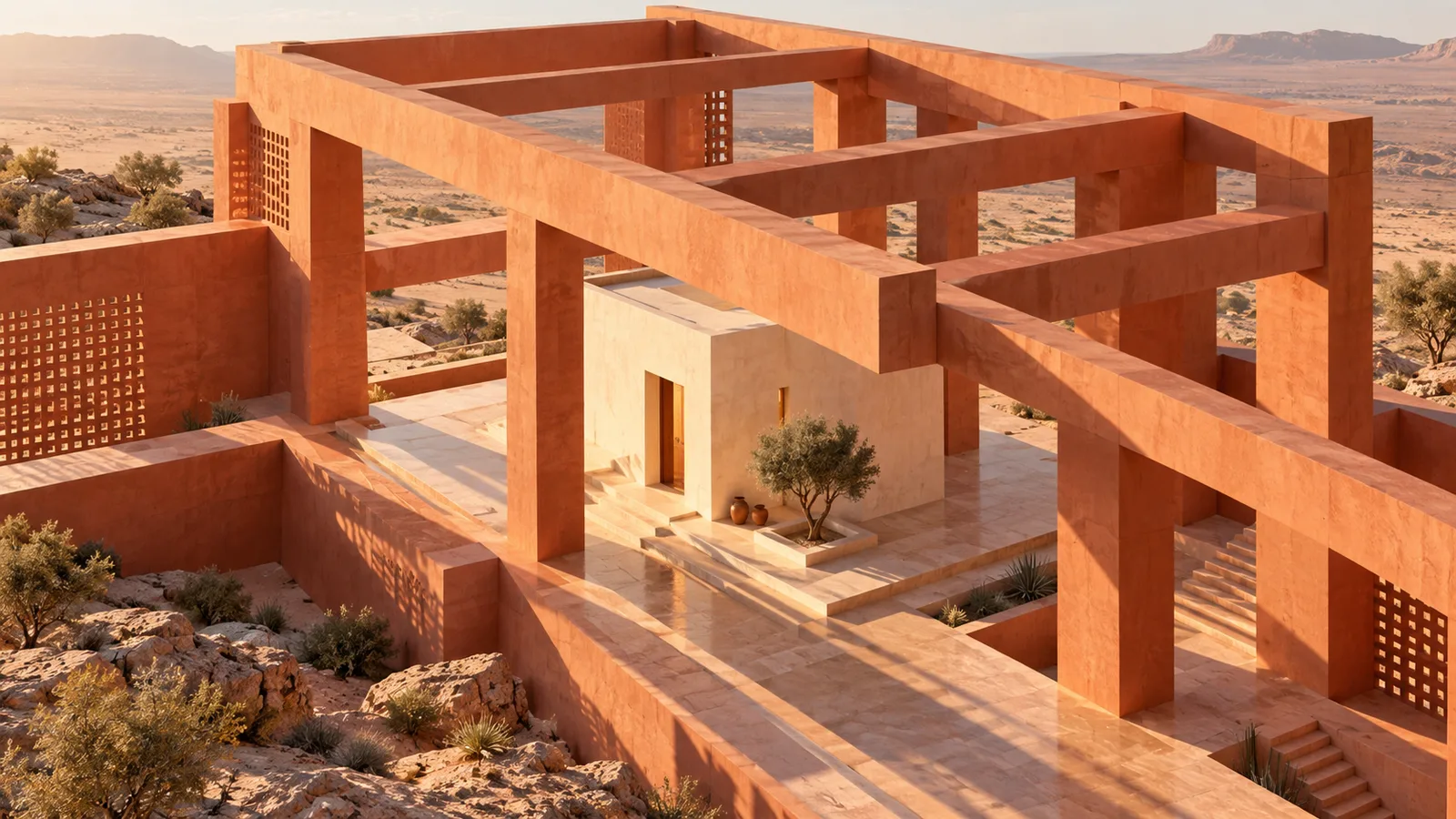 A sunlit terracotta framework surrounds a small ivory building in a desert landscape.