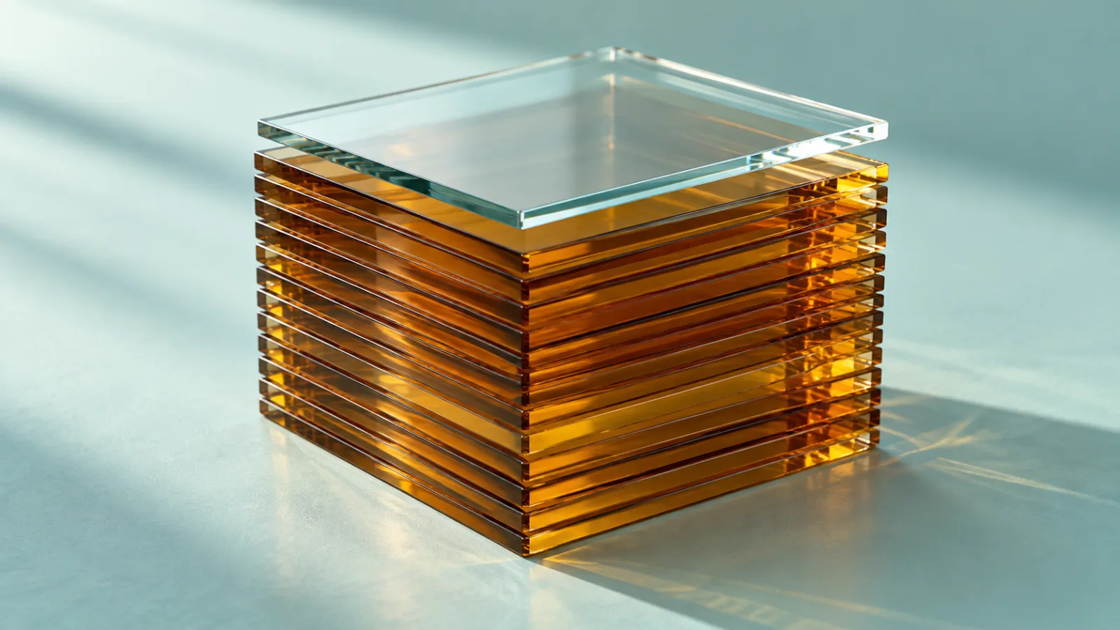 A tall stack of identical translucent amber glass sheets with a single clear sheet resting on top, on a pale teal surface in soft daylight.